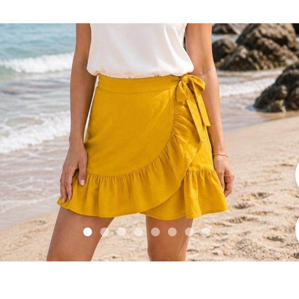 Aerie Womens XL Mustard yellow linen blend ruffle wrap mini side tie skirt